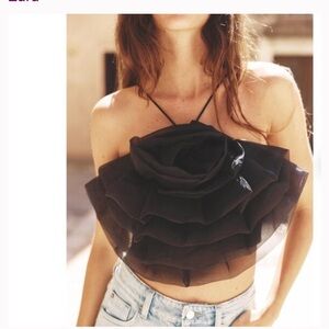 Zara Women Black Large Floral Flower ORGANZA TOP S NWT